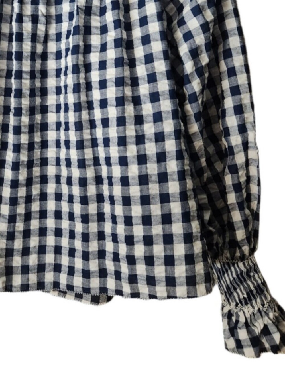 Hunter Bell Hayes Smocked High-Neck Gingham Blouse - Navy/White XSmall - Picture 4 of 12